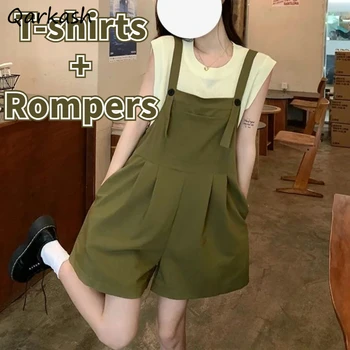 2 יח ' קבוצות נשים ללא שרוולים Vintage חולצות רחב הרגל Rompers משרד ליידי הקיץ אסתטי אופנת רחוב Mujer Harajuku יסודות חדשים.