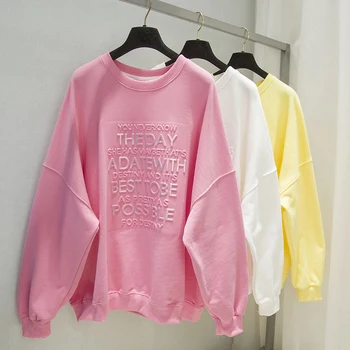 2023 חדש לנשים של O-צוואר Pullovers מוצק צבע מכתב הדפסה חופשי חולצות בסגנון קוריאני מזדמן מנופחים סתיו מקסימום
