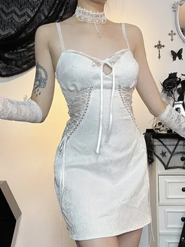 2023 חדש מתוק לוליטה שמלה לבנה נשים וינטג 'בקניון גותי Fairycore גראנג' ספגטי רצועת חלול החוצה תחרה שמלת מסיבת נקבה