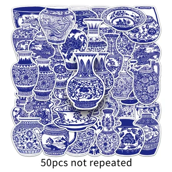 50Pcs בסגנון סיני כחול-לבן פורצלן עיצוב מדבקות DIY סקייטבורד גיטרה נייד טלפון דביק מדבקות צעצועים
