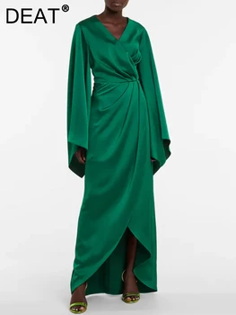 DEAT נשים אופנה שמלת ערב וי-נק חופשי שרוול ארוך קפלים מוצק צבע אלגנטי שמלות ערב סתיו 2023 חדש 13DB3039