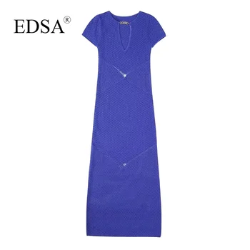 EDSA נשים אופנה כחול חלול החוצה לסרוג Midi שמלה 2023 קיץ קצר השרוול גבוה המותניים שרשרת קישוט שמלות