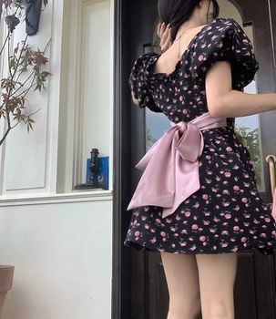 GkyocQ הקיץ-קו נשים שמלה פרחוני הדפסה חזרה קשת תחבושת שמלה קצר השרוול גבוה המותניים רזה שמלות סקסית בגדים חדשים