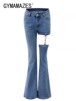 GYMAMAZES חלול ג ' ינס לנשים גבוהה המותניים טלאים שרשרת מינימליסטי מקרית מוצק הזיקוק מכנסיים נקבה בגדי אופנה חדש
