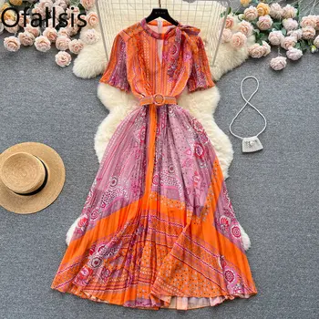 Ofallsis צבע ניגודיות אלגנטית קו שיפון קפלים שמלה 2023 הקיץ קוריאנית שיק או צוואר עניבת פרפר מודפס שמלות ארוכות