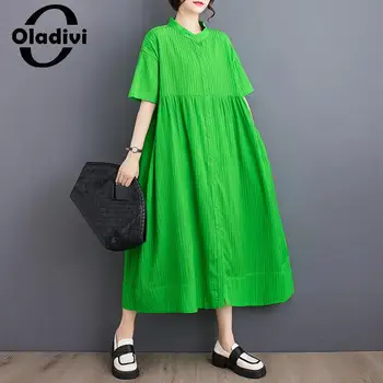 Oladivi נשים מידות גדולות מזדמן חופשי שמלת החולצה 2023 הקיץ החדש מנופחים צבע אחיד מידי שמלות נקבה טוניקה החלוק 4XL 9875