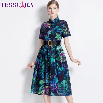 TESSCARA נשים קיץ אלגנטי, שמלת החולצה איכות גבוהה משרד ליידי מסיבת קוקטייל החלוק בציר הדפסה מעצב קו Vestidos