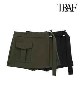 TRAF נשים אופנה עם חגורה תיקון כיס מטען Skort וינטג ' שנות ה המותניים רוכסן בצד הנשי, מכנסיים קצרים חצאיות Mujer
