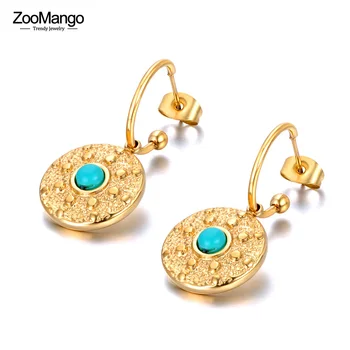 ZooMango אופנה נירוסטה, אבן טבעית מסיבת עגילי וינטג ' זהב 18K מצופה אתניים עגילי תכשיטי נשים ZE22132