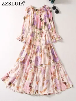 ZZSLUIA וינטג ' פרחוני מודפס שמלות לנשים צווארון מלמלה פנס שרוול אכיל עץ פטריות חופשי שמלה שמלות אלגנטיות