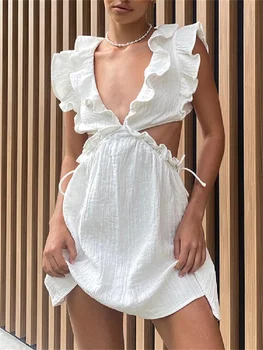 אופנה סקסית V צוואר מחשוף גב א-קו שמלה אופנתיים לנשים אלגנטי קפלים מיני שמלת קיץ חוף נופש בוהמי מסיבת Vestidos