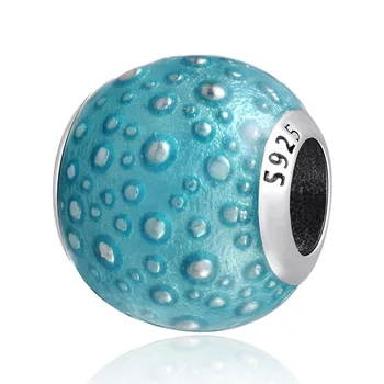 אותנטי S925 כסף סטרלינג כחול אמייל כדור בועות קסם מתאים לנשים צמיד צמיד DIY תכשיטים