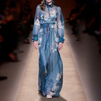 בציר כחול פרחוני מודפס שמלות ארוכות לנשים 2023 האביב המסלול מעצב אלגנטי פרע שרוול ארוך מקסי קפלים שמלה