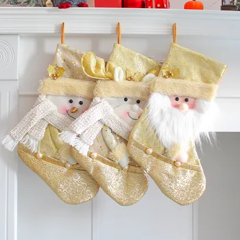 זהב נצנצים חג המולד, גרביים, סנטה קלאוס, איש שלג ממתקים בשקית מתנה עץ חג המולד Socking תלוי תליון קישוט השנה החדשה עיצוב