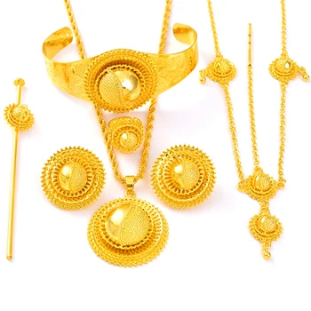 יוקרתי מצופה זהב תכשיטי כלה מגדיר עבור נשים אתיופי תליון ורצוף שרשרת עגילים, צמיד, טבעת נישואין מתנה