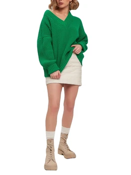 נשים ליפול חופשי סוודר בצבע אחיד לסרוג כבל V-צוואר שרוול ארוך סוודרים עבים סריגים