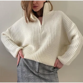 נשים סמיך לסרוג סוודר אופנה קוריאנית חצי רוכסן צווארון Y2k מקסימום בגדים נשיים סוודרים Pullovers חורף נשים 2023