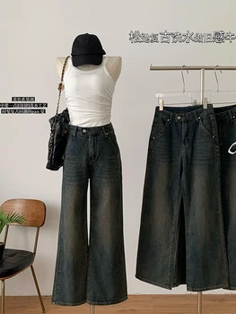 עיצוב חדש Gyaru ג 'ינס אישה מכנסיים Y2k בציר שטף כחול גבוהה המותניים רחב הרגל מכנסי ג' ינס באגי מזדמן הגאות שיק אופנת רחוב
