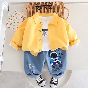 אביב סתיו התינוק הפעוט בגדים אימוניות לילדים מזדמן זמן בז חולצות צהובות לבן חולצות ג ' ינס כחול תלבושת בנים