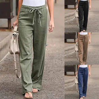 נשים כותנה מכנסי פשתן קיץ מזדמן אלסטי המותניים חופשי ישר מכנסיים נקבה בציר תחרה צבע מוצק אופנת רחוב מכנסיים
