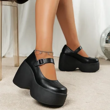 נשים פלטפורמת אבזם רצועה עבה פלטפורמת משאבות נשים מעור עבה תחתונה נעלי אישה פאנק עבה העקבים נעליים בודד