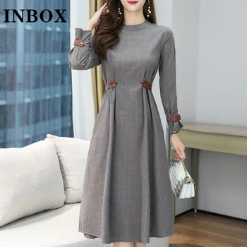תיבת הדואר הנכנס סתיו צבעוני קו-סווינג שמלת אישה אופנה Midi טוניקה שמלות הנשי קוריאני שרוול ארוך יוצא השמלה